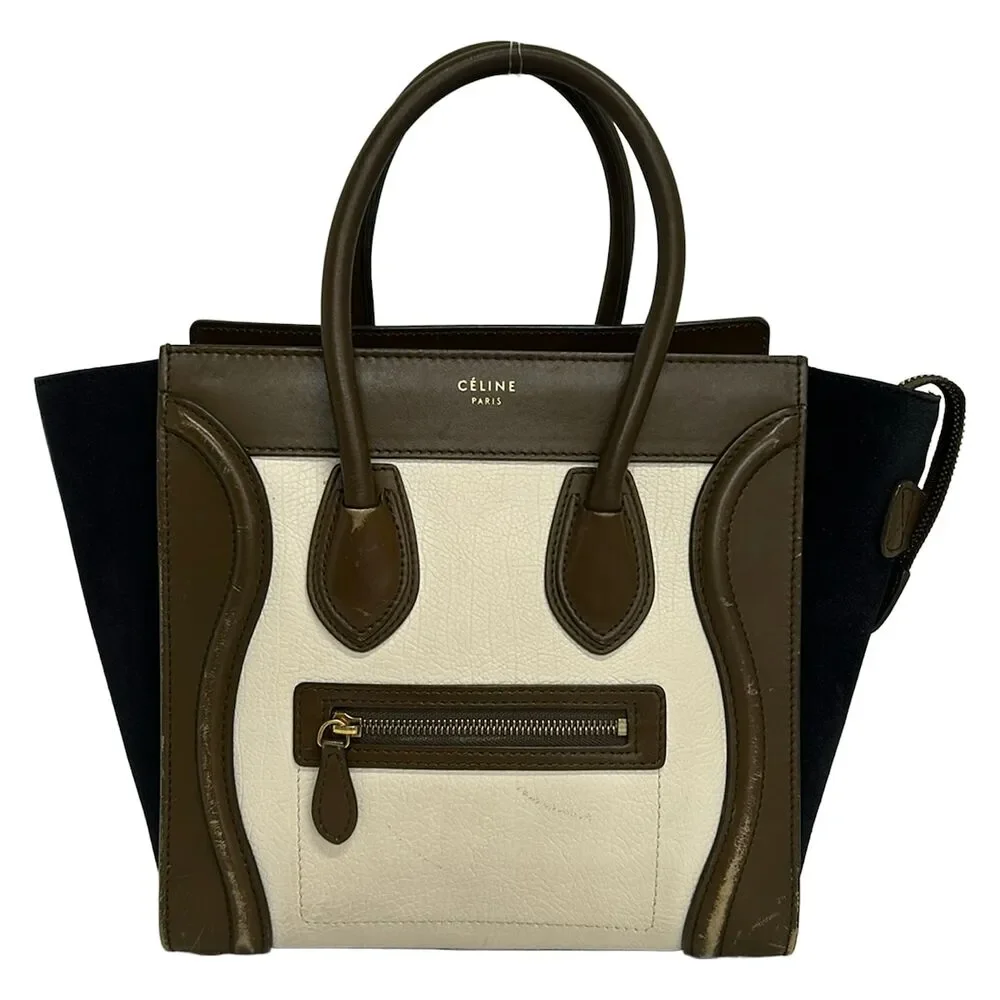 Celine Luggage Micro Shopper Handbag Dark Brown Beige Dark Navy Bullhide